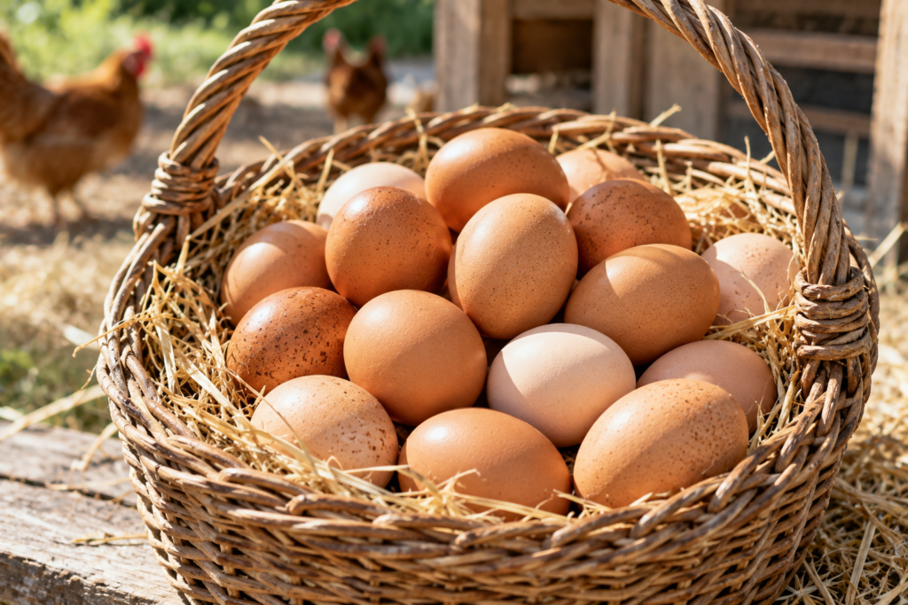 Cesta de mimbre llena de huevos de gallina