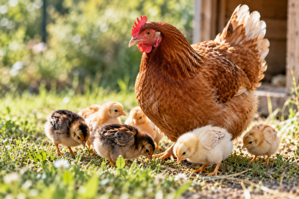 Gallina con pollitos en un entorno rural