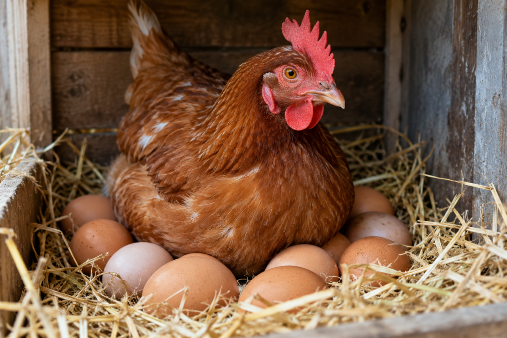 Gallina rodeada de huevos en un gallinero