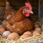 Gallina rodeada de huevos en un gallinero