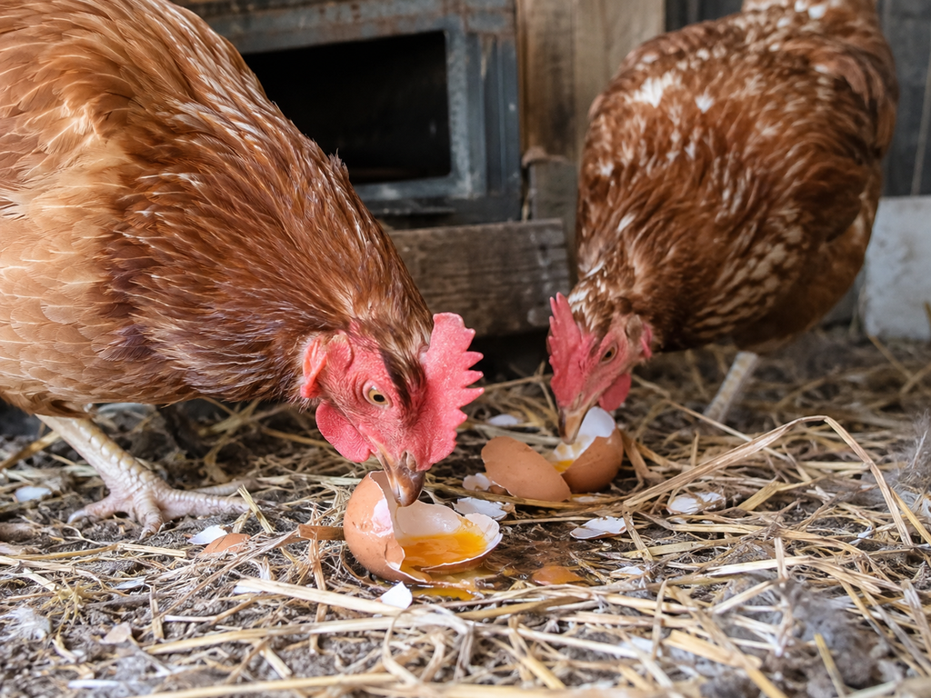Gallinas que se comen sus huevos.