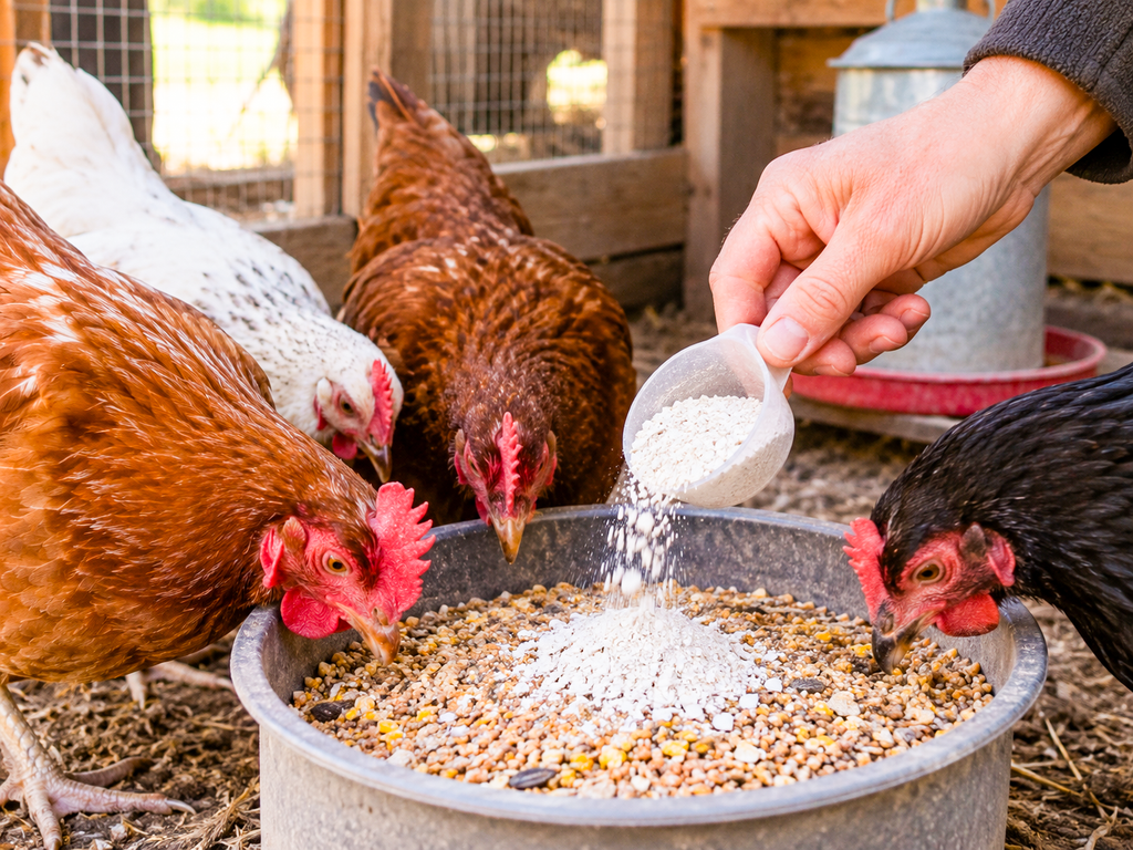 Mano añadiendo calcio al pienso de las gallinas