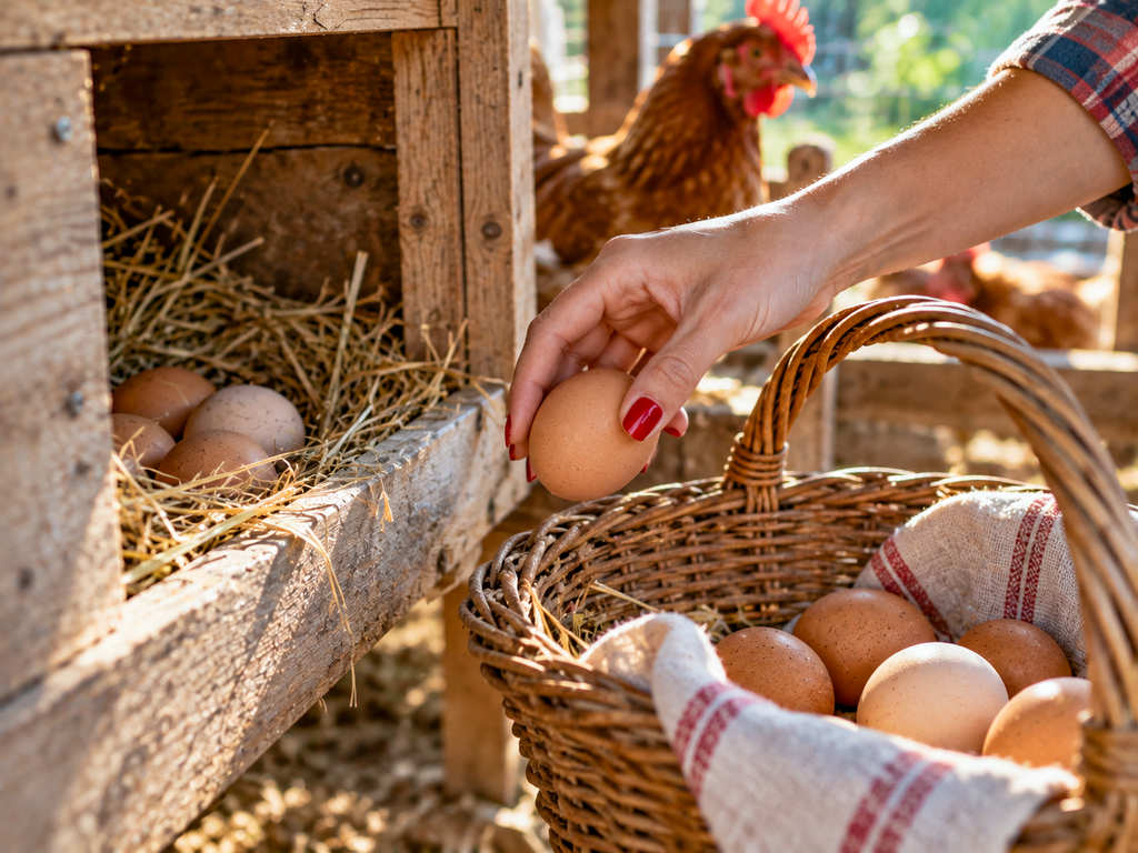 Mujer recogiendo huevos recién puestos