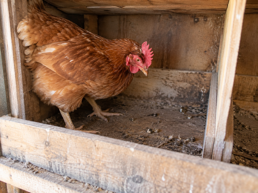 Gallina en un ponedero sin paja ni material de cama