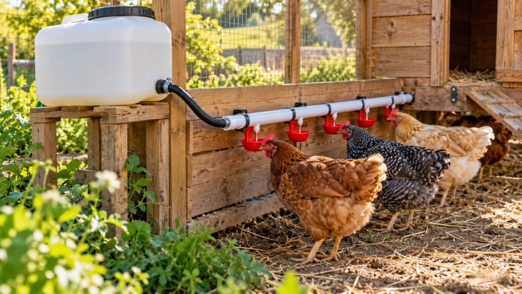 Bebedero automático para gallinas instalado en un gallinero