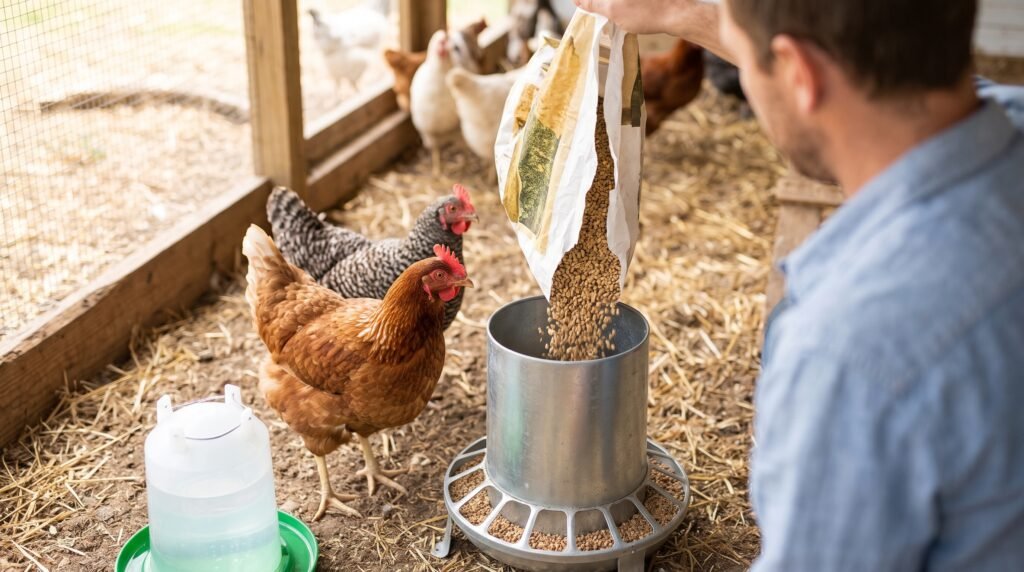 Un granjero vertiendo pienso para gallinas ponedoras en un comedero tolva de metal junto a un bebedero de agua limpia en el corral, Cómo hacer que las gallinas pongan más huevos
