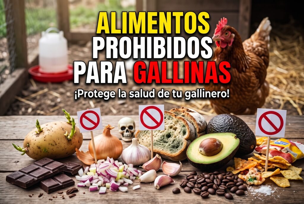 Alimentos que las gallinas deben evitar, como aguacate, chocolate y patatas verdes.