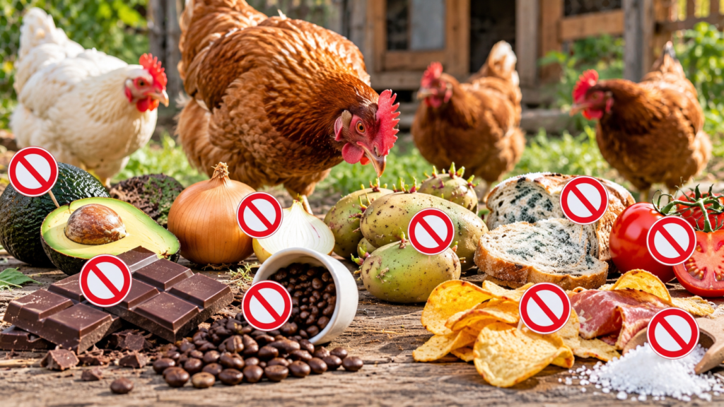 Gallinas junto a alimentos que deben evitar, como aguacate, chocolate, café, patatas verdes y pan con moho.