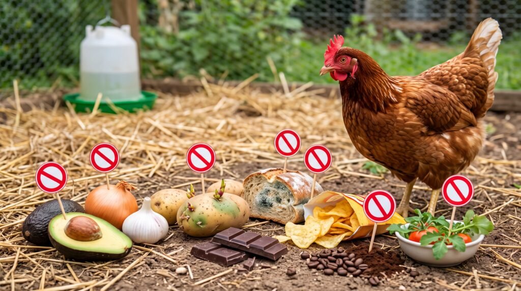 Gallina junto a alimentos que debe evitar, como aguacate, chocolate, patatas verdes y comida con moho.