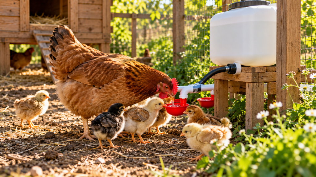 Gallina y pollitos bebiendo en un bebedero automático