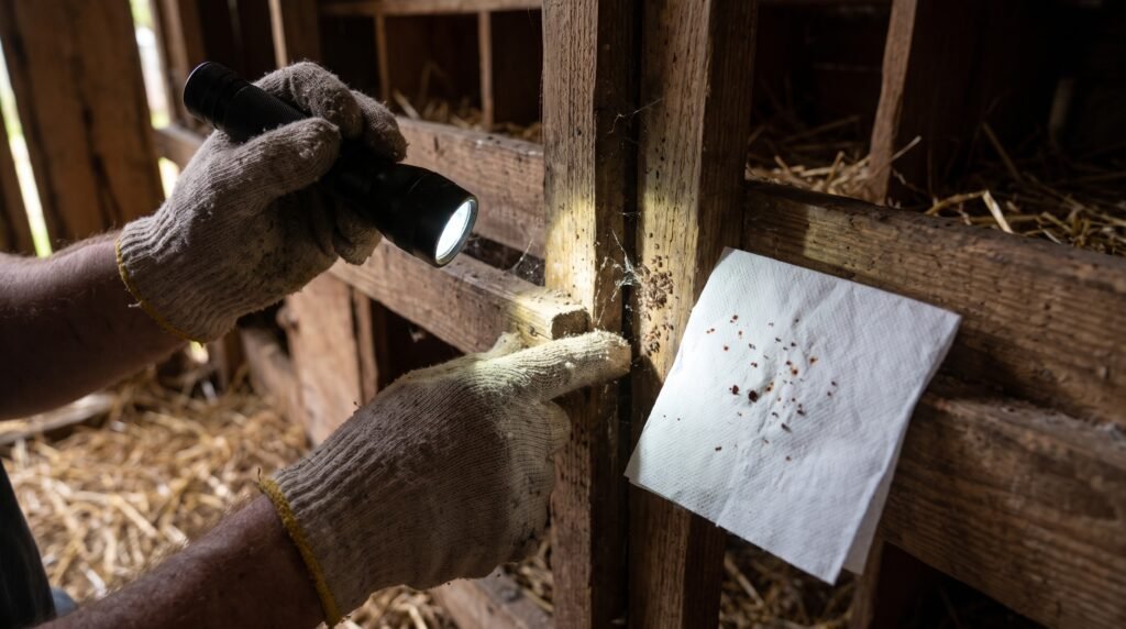 Persona con guantes iluminando con una linterna las grietas de una percha de madera en un gallinero, mientras un papel blanco muestra pequeños puntos y manchas de ácaros