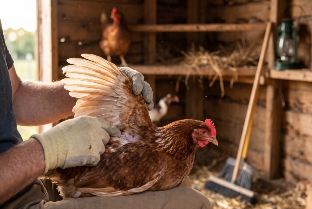 Persona con guantes inspeccionando la piel y las plumas debajo del ala de una gallina en el interior de un gallinero de madera
