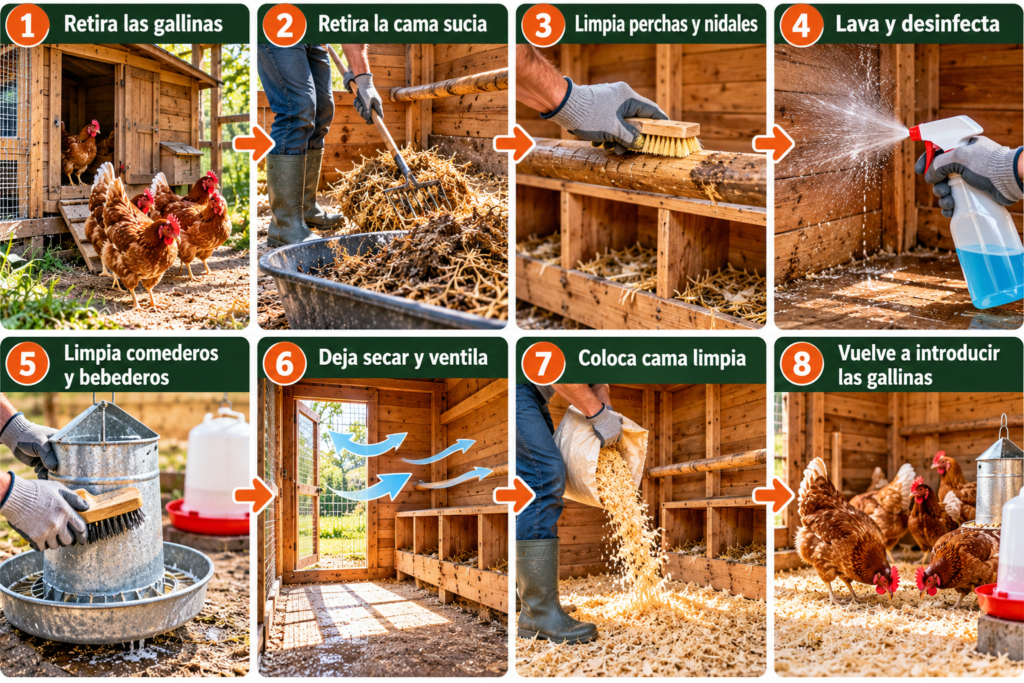 Infografía con ocho pasos para limpiar y desinfectar un gallinero, desde retirar la cama sucia hasta colocar paja limpia