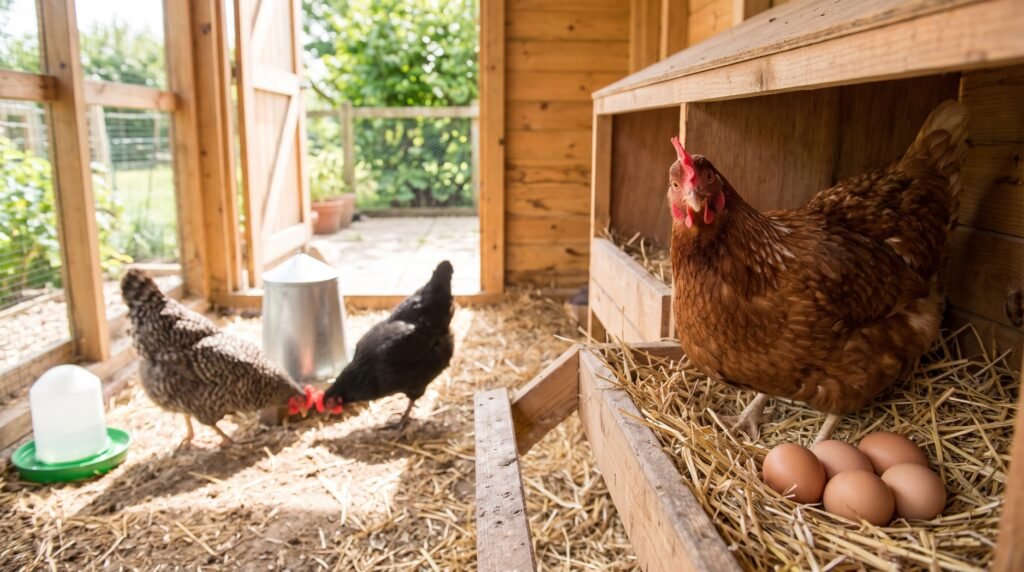 Gallina ponedora en su nido de paja con huevos recién puestos dentro de un gallinero bien iluminado y limpio