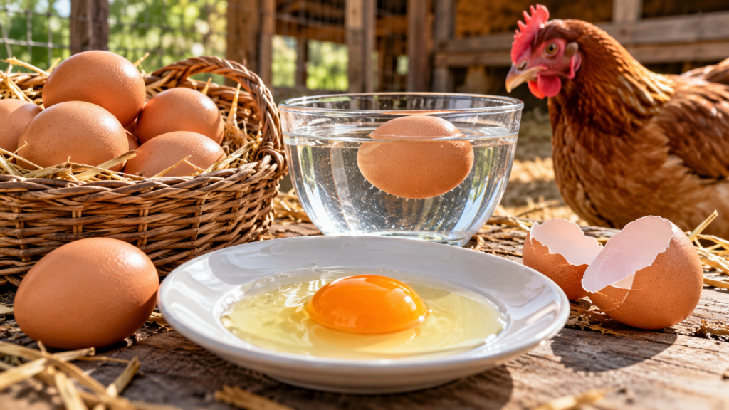 Huevo en un recipiente con agua para comprobar su frescura junto a otros huevos y una gallina.