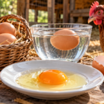 Huevo en un recipiente con agua para comprobar su frescura junto a otros huevos y una gallina.