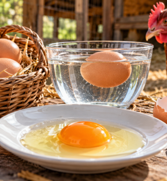 Huevo en un recipiente con agua para comprobar su frescura junto a otros huevos y una gallina.