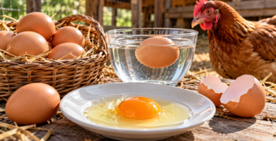 Huevo en un recipiente con agua para comprobar su frescura junto a otros huevos y una gallina.
