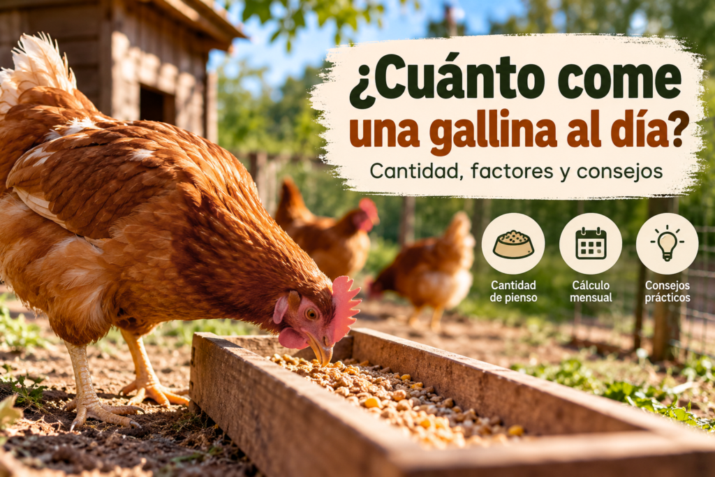 Gallina comiendo pienso en un comedero de un gallinero rural.