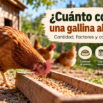 Gallina comiendo pienso en un comedero de un gallinero rural.