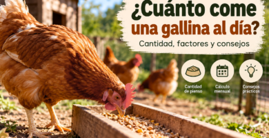 Gallina comiendo pienso en un comedero de un gallinero rural.