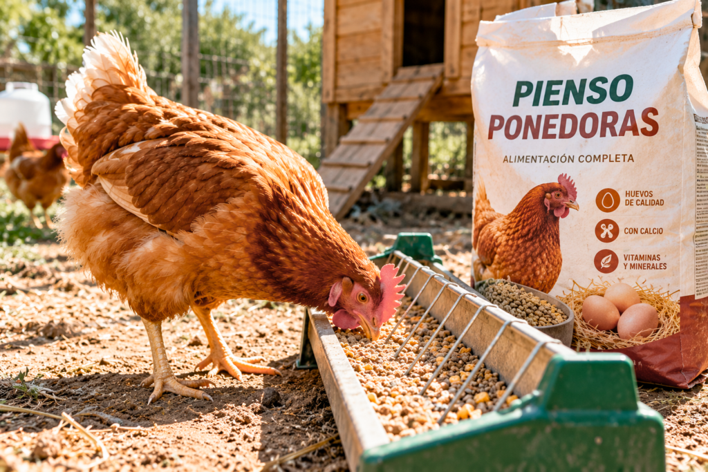 Gallina comiendo pienso para ponedoras en un comedero con un saco de alimento al lado.