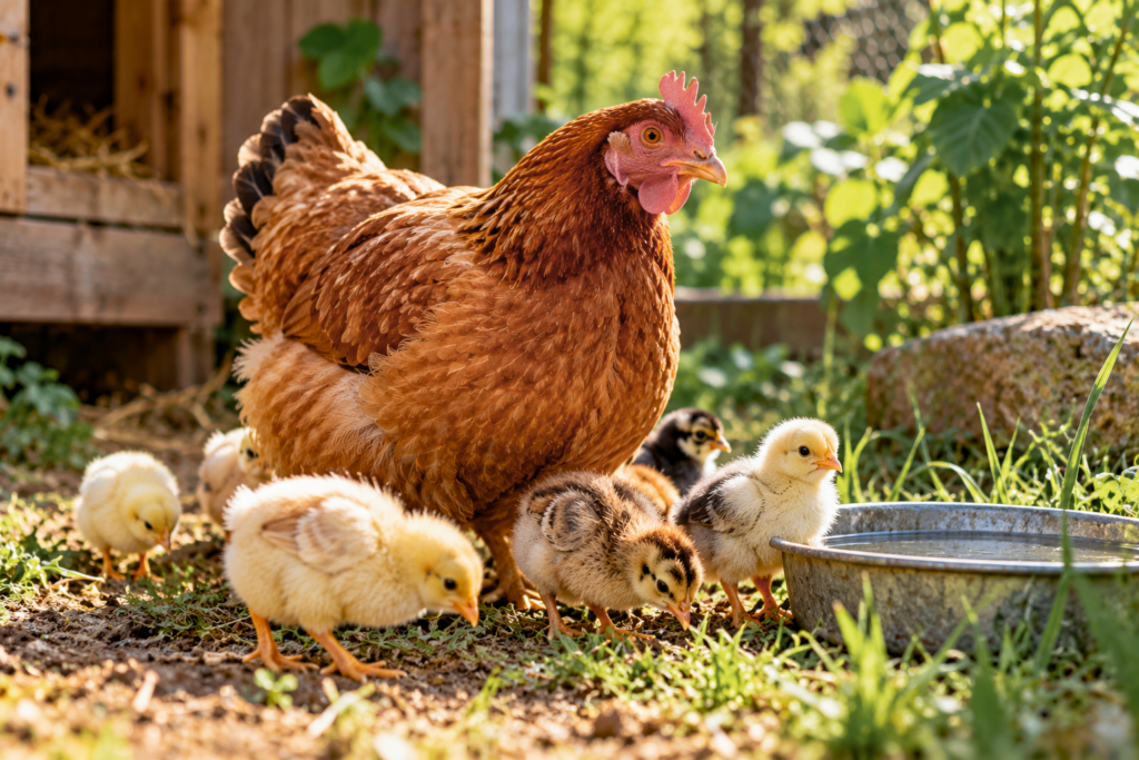 Gallina con sus polluelos en un gallinero rural