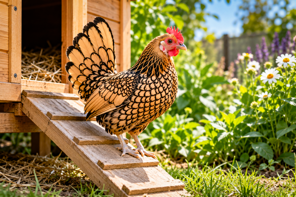 Gallina enana de plumaje dorado con bordes negros junto a un gallinero de madera.