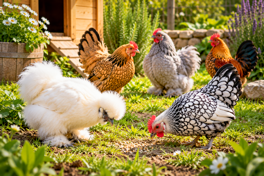 Gallinas pequeñas de distintas razas picoteando alimento en un corral con vegetación.