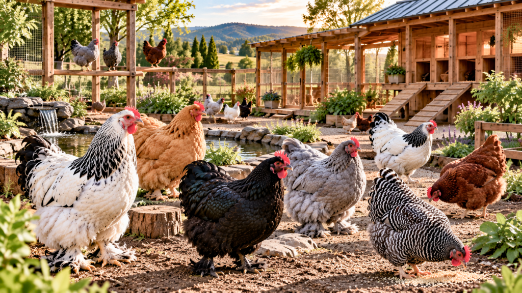 Gallinas grandes de distintas razas en un gallinero amplio con zonas verdes y refugio de madera.