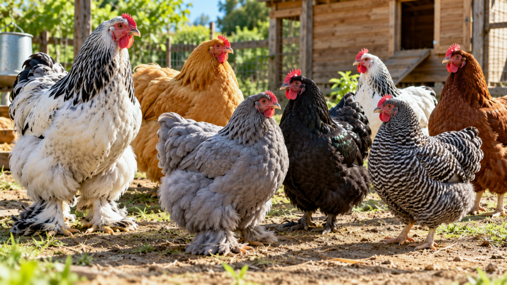 Gallinas grandes de distintas razas en un corral rural