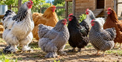Gallinas grandes de distintas razas en un corral rural