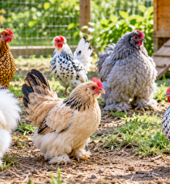 Gallinas pequeñas de distintas razas enanas en un corral rural