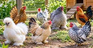 Gallinas pequeñas de distintas razas enanas en un corral rural