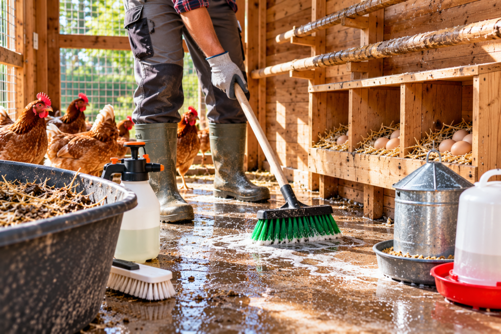 Limpieza del suelo de un gallinero con un cepillo, junto a gallinas, nidales y bebederos.