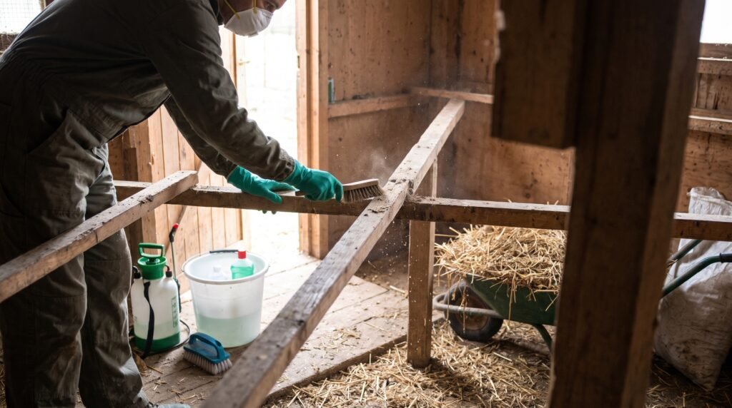 Persona con mascarilla, guantes y mono de trabajo cepillando una percha de madera en un gallinero durante las tareas de limpieza y desinfección contra ácaros