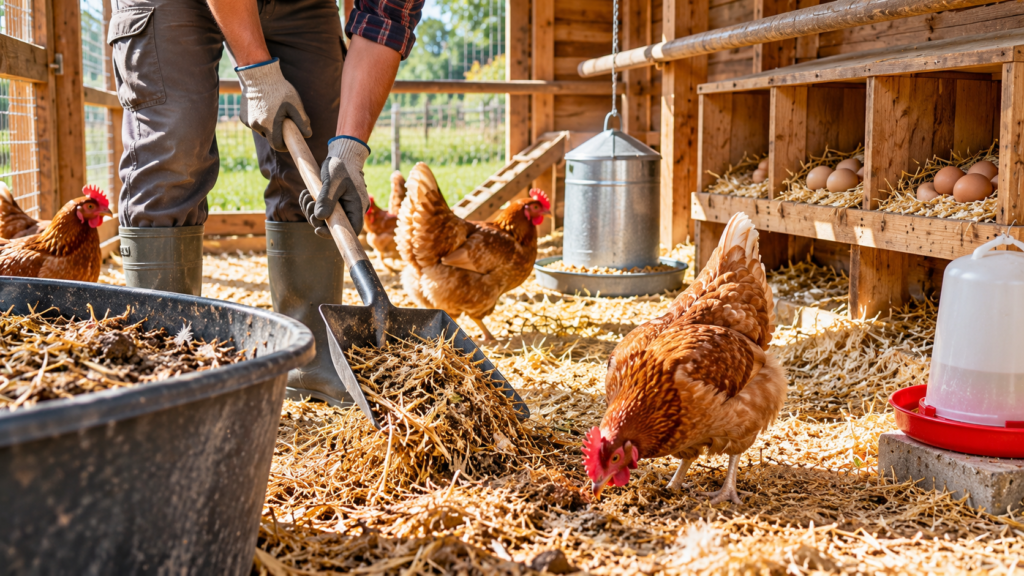 Limpieza de un gallinero con paja, gallinas y herramientas para retirar la cama sucia.