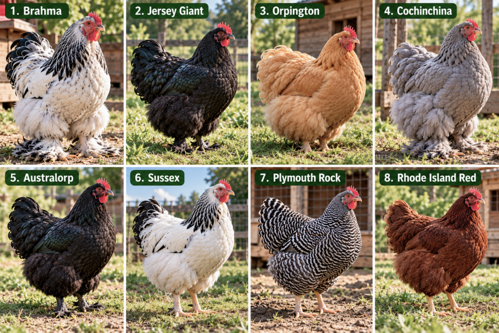Ocho razas de gallinas grandes: Brahma, Jersey Giant, Orpington, Cochinchina, Australorp, Sussex, Plymouth Rock y Rhode Island Red.