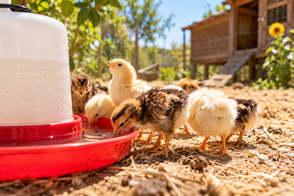 Pollitos bebiendo agua fresca en un día caluroso de verano