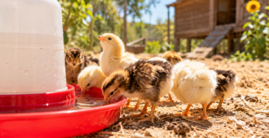 Pollitos bebiendo agua fresca en un día caluroso de verano