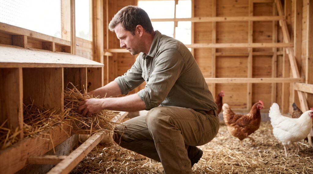 Un granjero acondicionando los nidos de un gallinero de madera colocando paja limpia para mejorar el bienestar de las gallinas ponedoras.