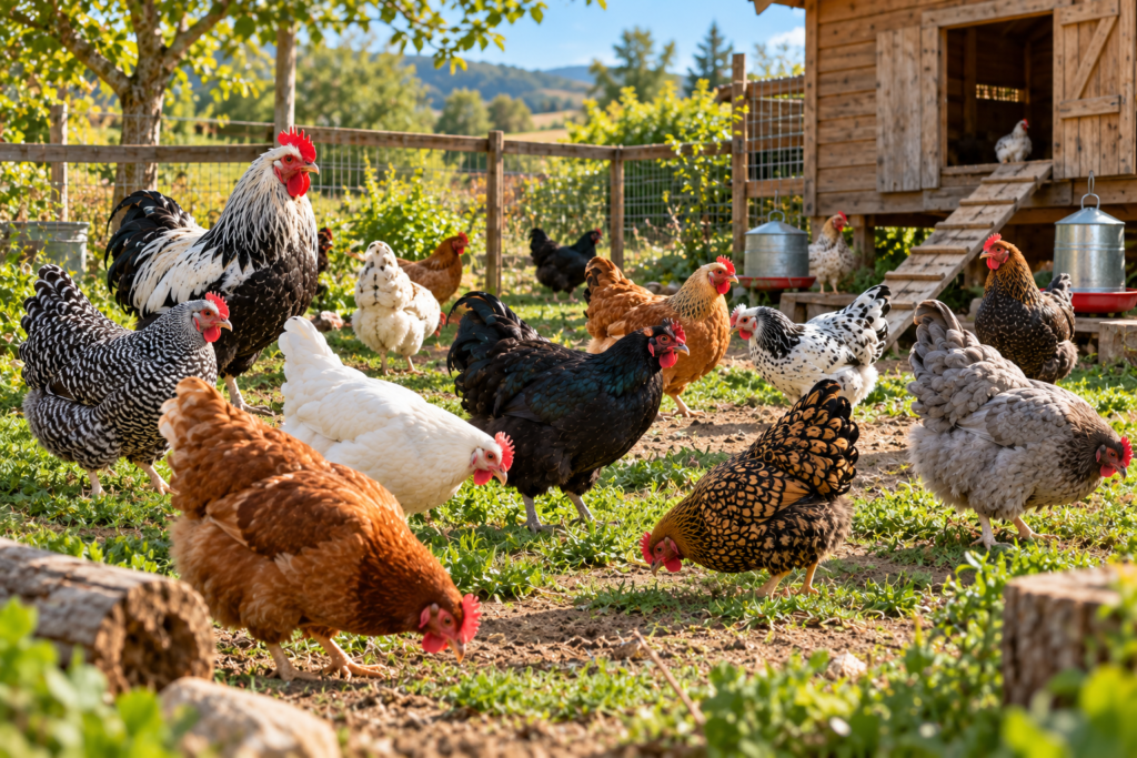 Varias razas de gallinas compartiendo un espacio abierto de gallinero