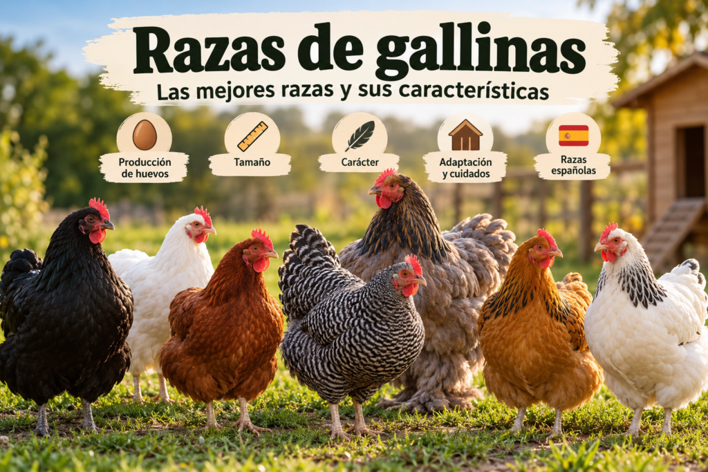 Razas de gallinas de diferentes tamaños y colores en un gallinero rural