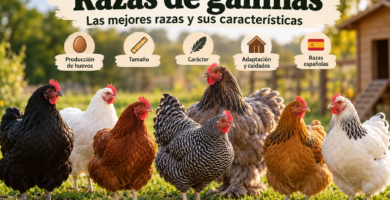 Razas de gallinas de diferentes tamaños y colores en un gallinero rural