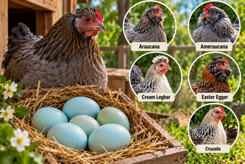 Gallina junto a huevos azules y comparativa de razas que producen huevos de tonos azulados y verdosos.